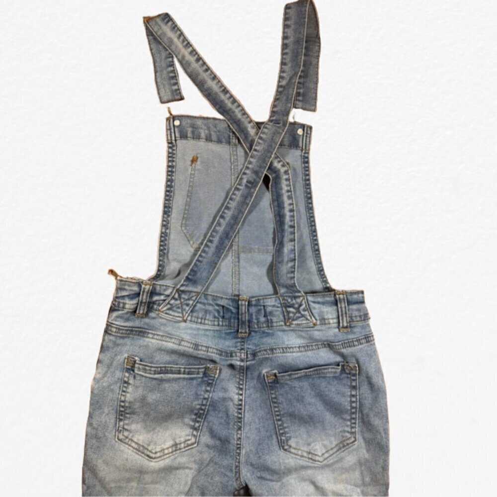 π· Wallflower Side Zip Criss Cross Denim Skinny Overall Bibs - Picture 8 of 10